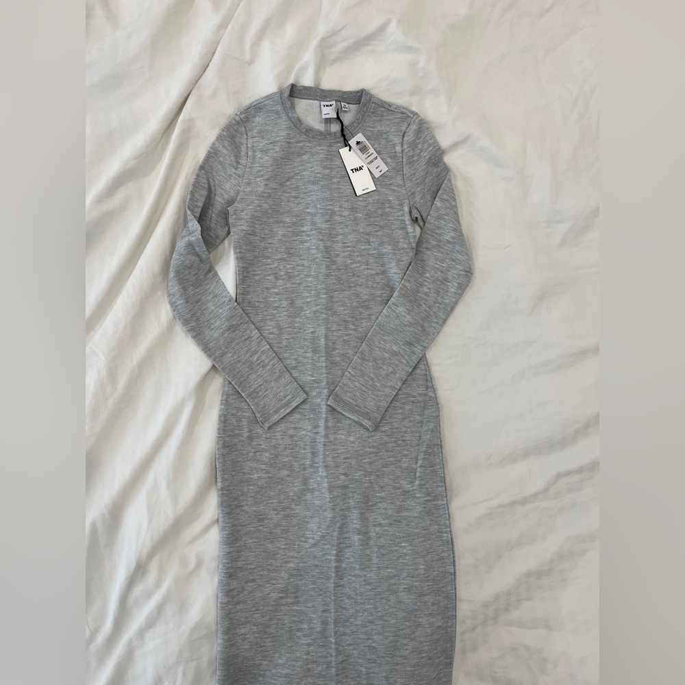 Aritzia TNA Heather Gray Long Sleeve Waffle Maxi Dress XS NWT